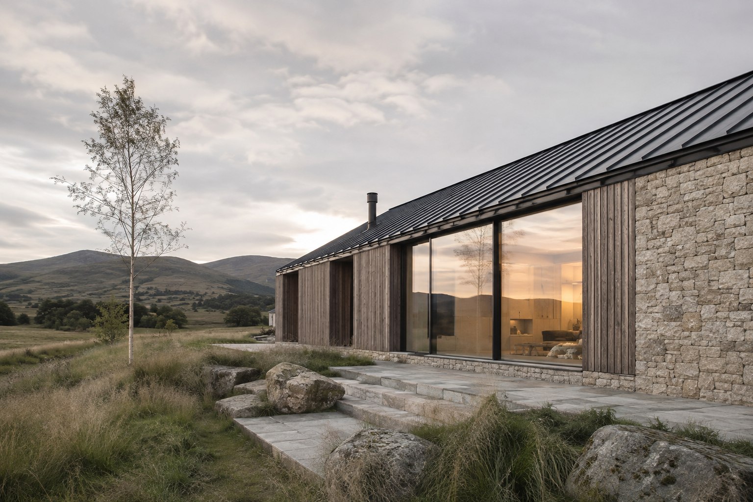 Illustrative contemporary stone and timber home in Scotland