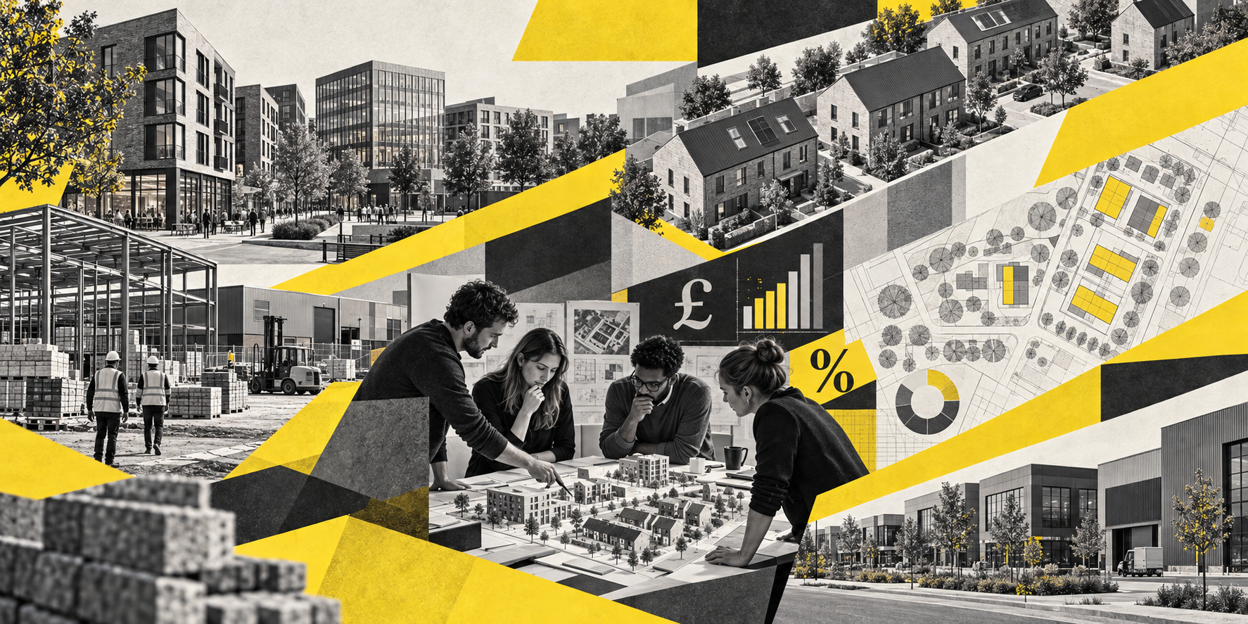 Collage of homes, commercial buildings, construction, planning and development finance in GBR Consult’s black and yellow colours